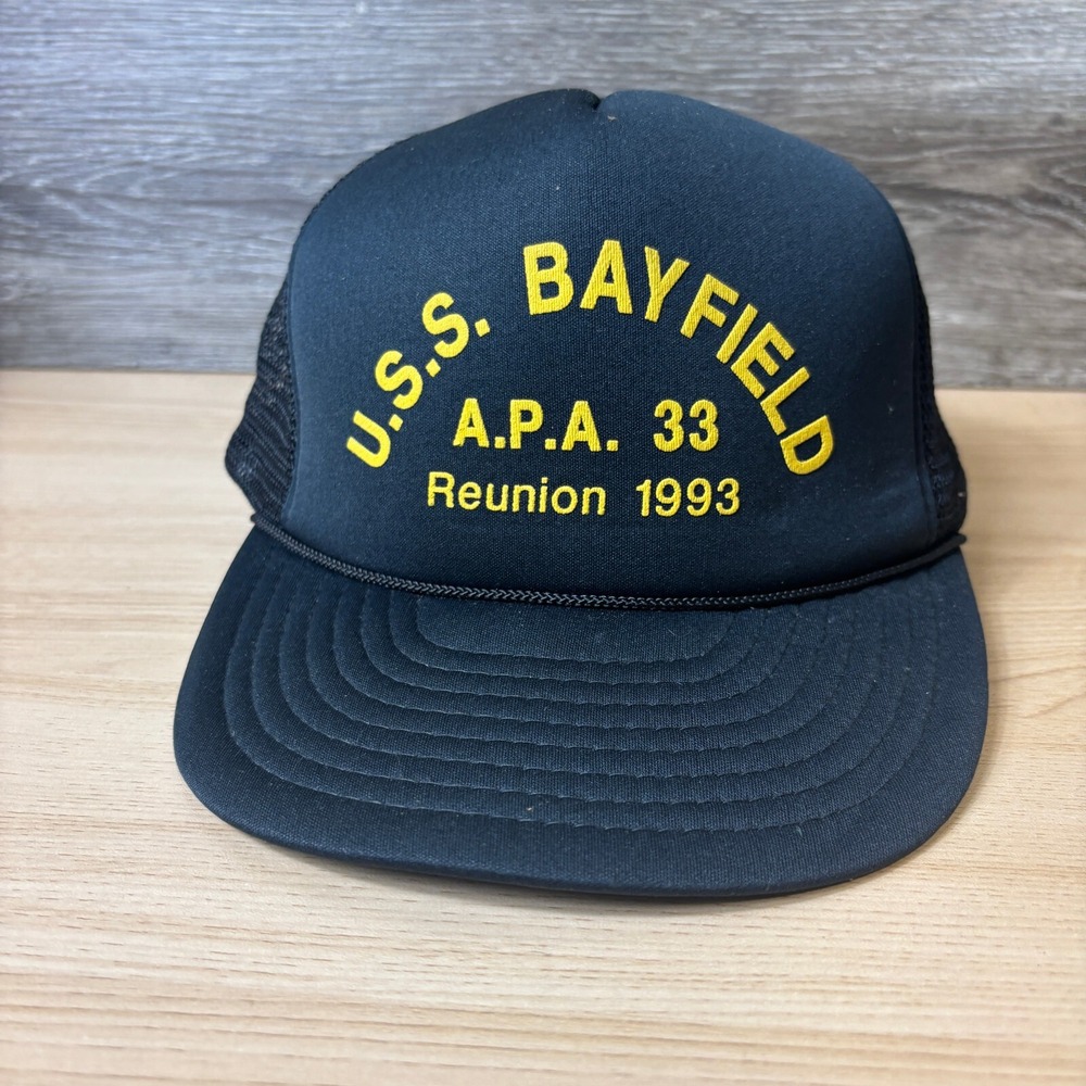 Vintage USS Bayfield Hat Cap Snap Back Black Trucker APA 33